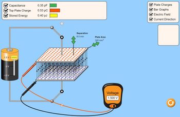 1.5 V
Capacitance
Top Plate Charge
Stored Energy
OV
-1.5 V
0.35 pF
0.53 PC
0.40 pJ
******
****
***
***
*:
x
***
*
x
**:
O
*
***
Separation
8.0 mm
*
***
**********
**********
Plate Area
320 mm²
Voltage
1.500 V
Plate Charges
Bar Graphs
Electric Field
Current Direction
G