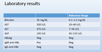 Laboratory results
Reference Range
Bilirubin
35 mg/dL
0.1-1.2 mg/dL
AST
350 U/L
10–40 U/L
ALT
475 U/L
7-56 U/L
ALP
145 U/L
45–115 U/L
HBSAg
Neg
Neg
IgM anti-HBc
Pos
Neg
IgG anti-HBc
Neg
Neg
