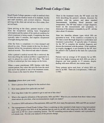Small Ponds College Clinic
Small Ponds College operates a walk-in medical clinic
to meet the acute medical needs of its students, faculty
and staff members, and covered relatives. Patients
arriving at the clinic are served on a first-come, first-
served basis.
Upon arriving at the clinic, patients receive a form
from the receptionist seeking basic biographical
information and the nature of the medical condition for
which treatment is being sought. Completing the form
typically takes 6 minutes, and requires receptionist
oversight during that time.
After the form is completed, it is time-stamped and
placed in a tray. Forms remain in the tray for about 5
minutes before the receptionist retrieves the patient's
medical records. This retrieval task takes 4 minutes.
After a patient's medical records file is retrieved, the
form describing the medical problem is appended to it,
and it is placed in a stack with other files. The stack
of files is ordered per the time stamps on the forms.
When a nurse practitioner (NP) finishes with their
current patient, they select the next file from the stack
and escort that patient to one of the treatment rooms.
Files remain in the stack for about 10 minutes.
Once in the treatment room, the NP reads over the
form describing the patient's ailment, discusses the
problem with the patient, and takes standard
measurements including blood pressure and
temperature. The NP then makes a rough diagnosis,
based on the measurements and symptoms, to
determine if the ailment is treatable by an NP. All this
takes about 10 minutes.
State law identifies ailment types which NPs are
permitted to treat. If the condition is treatable by an
NP, then a more thorough diagnosis is undertaken and
treatment is prescribed. It typically takes 15 minutes
for the NP to complete the detailed diagnosis and
discuss the treatment with the patient. If the condition.
as roughly diagnosed, is not treatable by the NP, then
the patient's file is placed in the stack for a physician
(MD).
Patients wait an average of 20 minutes for an MD.
Given their higher training and skill, MDs are able to
diagnose and treat patients in 15 minutes, despite
dealing with more difficult, less routine cases.
Thirty patients arrive each hour, of which 30% are
seen by an MD. There are 2 receptionists, 3 MDs and
12 NPs.
Questions (please show your work)
1. Draw a process flow diagram for the medical clinic.
2. How many patient flow paths did you find?
3. How long does it take for a patient to get in and out of this clinic?
4. What is the capacity utilization of Receptionists, MDs and NPS? What do you conclude from these values (what
observations do you draw, what recommendations might you make)?
5. To achieve 100% utilization of Receptionists, MDs and NPs, how many Receptionists, MDs and NPs are needed?
6. The management of Small Ponds College Clinic is exploring an idea intended to help improve long-term patient
care. They propose that 50% of all the patients that are seen by an MD, after being seen by the MD, must then
meet with an NP for a short counseling session. The NP counseling session takes 6 minutes, and is preceded by
a 4 minute wait. Provide your analysis of this process change.