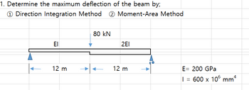 1. Determine the maximum deflection of the beam by;
11 Direction Integration Method 2 Moment-Area Method
EI
12 m
80 kN
2EI
12 m
E= 200 GPa
1 = 600 x 106 mmª