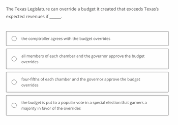 Answered: The Texas Legislature Can Override A… | Bartleby