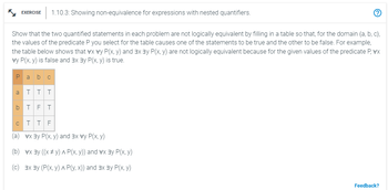 Show that the two quantified statements in each problem are not logically equivalent by filling in a table so that, for the domain (a, b, c),
the values of the predicate P you select for the table causes one of the statements to be true and the other to be false. For example,
the table below shows that vx vy P(x, y) and 3x 3y P(x, y) are not logically equivalent because for the given values of the predicate P, vx
vy P(x, y) is false and 3x 3y P(x, y) is true.
P
a
EXERCISE 1.10.3: Showing non-equivalence for expressions with nested quantifiers.
b
a b C
T T T
T F T
C
T T F
(a) vx ³y P(x, y) and 3x vy P(x, y)
(b) vx³y ((x #y) A P(x, y)) and vx 3 P(x, y)
(c) 3x ³у (P(x, y) A P(y, x)) and 3x3y P(x, y)
Feedback?