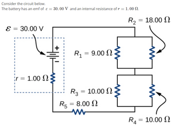 Consider the circuit below.
The battery has an emf of ε = 30.00 V and an internal resistance of r = 1. 00 Ω.
=
& = 30.00 V
I
r = 1.00 Ω
R1 = 9.00 Ω
Rg = 10.00 Ω
Rg = 8.00 Ω
R2 = 18.00 Ω
RA
=
10.00 Ω