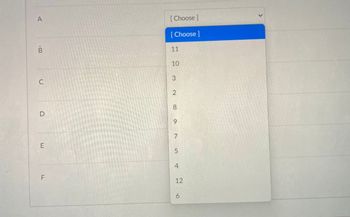 The image displays a dropdown menu from a digital form with options to select numbers. The dropdown is associated with items labeled A through F, but it is currently open next to item B. 

The available options in the dropdown menu are:

- 11
- 10
- 3
- 2
- 8
- 9
- 7
- 5
- 4
- 12
- 6

This dropdown menu allows users to choose a numeric value for the corresponding item, which may represent a category or response in a survey or dataset. Each item from A to F has a similar dropdown, though only the one next to B is shown as open.