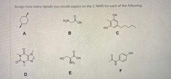 **Title: Understanding C NMR Signal Assignments**

**Introduction**

In this exercise, we will explore the number of signals you would expect to observe in a Carbon-13 NMR (Nuclear Magnetic Resonance) spectrum for each of the following compounds. Carbon-13 NMR is a powerful analytical tool used in chemistry to determine the structures of organic molecules based on the environments of carbon atoms.

**Compounds**

**A.** A cyclohexane derivative with a single methyl group attached.

**B.** An amino acid featuring an amine group (NH₂) and a carboxylic acid group (COOH).

**C.** A phenolic compound with two hydroxyl groups (OH) and a long alkyl side chain.

**D.** A bicyclic purine with keto groups (C=O).

**E.** A compound resembling an amino acid, featuring hydroxyl (OH) and amine (NH₂) functional groups, in addition to a carboxylic acid group.

**F.** An aromatic compound containing a phenol group (OH) and an amide group (C=ONH₂).

**Instructions**

For each structure, assign how many distinct carbon signals you would expect in a Carbon-13 NMR spectrum. Consider symmetry, functional groups, and different carbon environments when making your assignments.