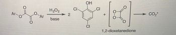 The image depicts a chemical reaction involving the conversion of an aryl dioxetanedione compound. The reaction is initiated in the presence of hydrogen peroxide (H₂O₂) and a base.

- **Reactant**: The starting material is an aryl-substituted dioxetanedione.
- **Reagents**: Hydrogen peroxide (H₂O₂) and a base.
- **Products**: The products include two equivalents of 2,4,6-trichlorophenol, 1,2-dioxetanedione, and carbon dioxide (CO₂) emitted with a positive charge.

This reaction illustrates a decomposition pathway yielding carbon dioxide gas as one of the products.

**Diagrams or Graphs**: The image provides structural formulas indicating the molecular arrangement of atoms in the reactants and products. The arrow shows the direction of the transformation and indicates the conditions required for the reaction (H₂O₂ and base).