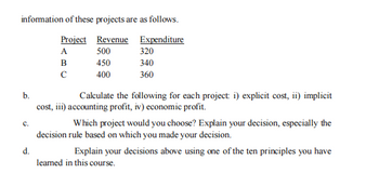 information of these projects are as follows.
Project
Revenue
Expenditure
A
500
320
B
450
340
с
400
360
b.
c.
d.
Calculate the following for each project: i) explicit cost, ii) implicit
cost, iii) accounting profit, iv) economic profit.
Which project would you choose? Explain your decision, especially the
decision rule based on which you made your decision.
Explain your decisions above using one of the ten principles you have
learned in this course.