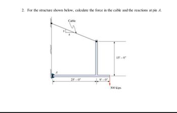 **Problem Statement:**

2. For the structure shown below, calculate the force in the cable and the reactions at pin \( A \).

**Diagram Explanation:**

- The diagram is a structural representation comprised of an L-shaped beam.
- The horizontal segment of the beam is 25 feet long, from point \( A \) to the vertical section and an additional 9 feet continues past this section, making the total 34 feet.
- A vertical load of 300 kips is applied downward at the end of the horizontal segment.
- A vertical segment rises 15 feet above the horizontal member, on top of which a cable is attached.
- The cable is inclined, forming a right triangle with horizontal and vertical components in the ratio 2:5.
- The point \( A \) is the pin connection at the leftmost end of the beam, which is fixed to a wall.
  
The task is to determine the force in the cable and the reactions at pin \( A \), which essentially requires resolving the beam's equilibrium in horizontal and vertical directions as well as its moment about point \( A \).