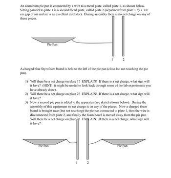 An aluminum pie pan is connected by a wire to a metal plate, called plate 1, as shown below.
Sitting parallel to plate 1 is a second metal plate, called plate 2 (separated from plate 1 by a 3.0
cm gap of air and air is an excellent insulator). During assembly there is no net charge on any of
these pieces.
Pie Pan
A charged blue Styrofoam board is held to the left of the pie pan (close but not touching the pie
pan).
Pie Pan
1
1) Will there be a net charge on plate 1? EXPLAIN! If there is a net charge, what sign will
it have? (HINT: it might be useful to look back through some of the lab experiments you
have already done).
2) Will there be a net charge on plate 2? EXPLAIN! If there is a net charge, what sign will
it have?
3)
Now a second pie pan is added to the apparatus (see sketch shown below). During the
assembly of this equipment no net charge is on any of the pieces. Now a charged foam
board is brought near (but not touching) the pie pan connected to plate 1, then the wire is
disconnected from plate 2, and finally the foam board is moved away from the pie pan.
Will there be a net charge on plate? EXPLAIN. If there is a net charge, what sign will
it have?
1
2
2
Pie Pan