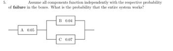 5.
Assume all components function independently with the respective probability
of failure in the boxes. What is the probability that the entire system works?
A 0.05
B 0.04
C 0.07