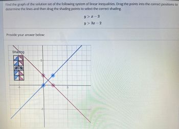 Find the graph of the solution set of the following system of linear inequalities. Drag the points into the correct positions to
determine the lines and then drag the shading points to select the correct shading.
Provide your answer below:
Shading
in
-5
c
LO
5
y > x-3
y> 3x - 2