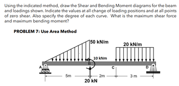 Using the indicated method, draw the Shear and Bending Moment diagrams for the beam
and loadings shown. Indicate the values at all change of loading positions and at all points
of zero shear. Also specify the degree of each curve. What is the maximum shear force
and maximum bending moment?
PROBLEM 7: Use Area Method
150 kN/m
20 kN/m
10 kNm
A
5m
2m
3 m
20 kN
