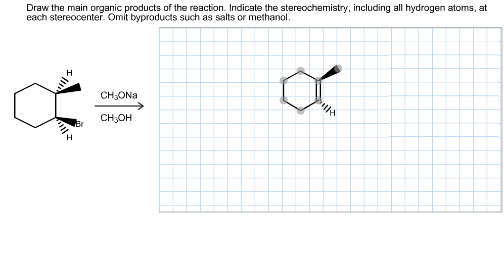 Draw the main organic products of the reaction. Indicate the stereochemistry, including all hydrogen atoms, at
each stereocenter. Omit byproducts such as salts or methanol.
CH3ONA
CH3ОН
Br
