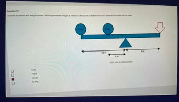 Question 18
Consider the beam and weights shown. What approximate weight is needed at the arrow to balance the bar? Assume the beam has no mass
ooo
124N
156 N
15.5 N
12.4 kg
10 m
4m
iddick here to enlarge image
8m