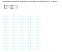 1. Identify a function that would have this dom ain and range and draw its graph:
D: (x/x E R, x + 4}
R: (y/y ER, y + 1}
