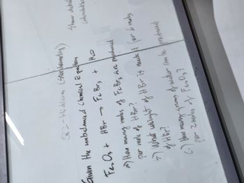 Q2-Midterm (Storchiametry)
Given the unbalanced Chemical Equation
Fe₂ O₂ + HBr
→ Fc Br₂ + H₂D
2) How many makes of Fc Br, an produced
per mole of HBr?
Show detail
Calculatio
2-) What weight of HBr is nuded for bo moks
of HBr?
(.) How many grams of water can be spreduced
per 2 mokes of FerD₂?
"?!