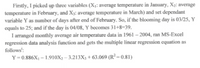 Firstly, I picked up three variables (\(X_1\): average temperature in January, \(X_2\): average temperature in February, and \(X_3\): average temperature in March) and set dependent variable \(Y\) as number of days after end of February. So, if the blooming day is 03/25, \(Y\) equals to 25; and if the day is 04/08, \(Y\) becomes 31+8=39.

I arranged monthly average air temperature data in 1961–2004, ran MS-Excel regression data analysis function and gets the multiple linear regression equation as follows:

\[ 
Y = 0.886X_1 - 1.910X_2 - 3.213X_3 + 63.069 \quad (R^2 = 0.81) 
\]