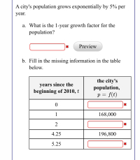 A city's population grows exponentially by 5% per
year.
a. What is the l-year growth factor for the
population?
Preview
b. Fill in the missing information in the table
below.
years since the
beginning of 2010, t
the city's
population,
p = f(t)
1
168,000
4.25
196,800
5.25
