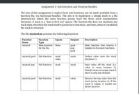 Assignment 2: Sub-functions and Function Handles
The aim of this assignment is explore how sub-functions can be made available from a
function file, via functional handles. The aim is to implement a simple stack in a file
(mystack.m), where the main function passes back the three stack manipulation
functions. A stack is a "last in first out" queue. The function file does not maintain any
stack state, therefore the stack itself is passed in to functions, and then, when it's modified,
the stack is returned.
The file mystack.m contains the following functions:
Function
Function
Inputs
Outputs
Description
Name
Туре
Main function
mystack
None
push
Main function that returns 3
for the file.
handles to the stack functions
рop
peek
mystack_push Sub-function
stack
stack
Pushes value onto the stack
value
(location 1)
mystack_pop
Sub-function
stack
Pops value off the stack (i.e.
value in array location 1).
Should return an empty stack if
there is only one element
stack
Returns the top value from the
stack (array location 1). If the
stack is empty, it should not
throw an error.
mystack peek
Sub-function
stack
value
