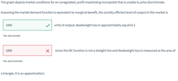 The graph depicts market conditions for an unregulated, profit-maximizing monopolist that is unable to price discriminate.
Assuming the market demand function is equivalent to marginal benefit, the socially efficient level of output in this market is
1000
✓ units of output; deadweight loss is approximiately equal to $
You are correct
1800
You are incorrect
a triangle, it is an appoximation).
(since the MC function is not a straight line and deadweight loss is measured as the area of