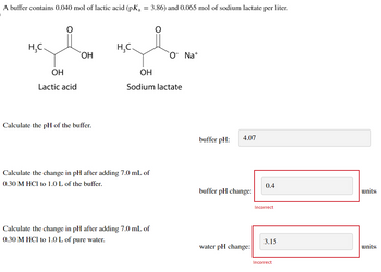 A buffer contains 0.040 mol of lactic acid (pK₁ = 3.86) and 0.065 mol of sodium lactate per liter.
H₂C.
OH
Lactic acid
OH
Calculate the pH of the buffer.
H₂C
OH
Sodium lactate
Calculate the change in pH after adding 7.0 mL of
0.30 M HCl to 1.0 L of the buffer.
O Na+
Calculate the change in pH after adding 7.0 mL of
0.30 M HCl to 1.0 L of pure water.
buffer pH: 4.07
buffer pH change:
water pH change:
0.4
Incorrect
3.15
Incorrect
units
units