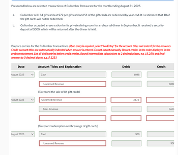 Presented below are selected transactions of Cullumber Restaurant for the month ending August 31, 2025.
a.
b.
Cullumber sells 84 gift cards at $72 per gift card and 51 of the gift cards are redeemed by year end. It is estimated that 10 of
the gift cards will not be redeemed.
Cullumber accepted a reservation for its private dining room for a rehearsal dinner in September. It received a security
deposit of $300, which will be returned after the dinner is held.
Prepare entries for the Cullumber transactions. (If no entry is required, select "No Entry" for the account titles and enter O for the amounts.
Credit account titles are automatically indented when amount is entered. Do not indent manually. Record entries in the order displayed in the
problem statement. List all debit entries before credit entries. Round intermediate calculations to 2 decimal places, e.g. 15.25% and final
answers to O decimal places, e.g. 5,125.)
Date
August 2025
August 2025
Account Titles and Explanation
Cash
Unearned Revenue
(To record the sale of 84 gift cards)
Unearned Revenue
Sales Revenue
August 2025
(To record redemption and breakage of gift cards)
Cash
Unearned Revenue
Debit
6048
3672
300
Credit
6048
3672
300