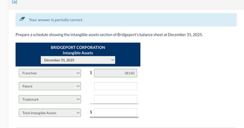 (a)
Your answer is partially correct.
Prepare a schedule showing the intangible assets section of Bridgeport's balance sheet at December 31, 2025.
Franchise
Patent
Trademark
BRIDGEPORT CORPORATION
Intangible Assets
December 31, 2025
Total Intangible Assets
+A
+A
$
38160