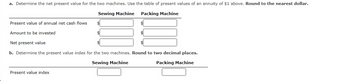 a. Determine the net present value for the two machines. Use the table of present values of an annuity of $1 above. Round to the nearest dollar.
Sewing Machine Packing Machine
Present value of annual net cash flows
Amount to be invested
$
$
Net present value
b. Determine the present value index for the two machines. Round to two decimal places.
Sewing Machine
Packing Machine
Present value index
$