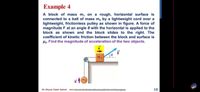 Example 4
A block of m
connected to a ball of mass m, by a lightweight cord over a
lightweight, frictionless pulley as shown in figure. A force of
magnitude F at an angle 0 with the horizontal is applied to the
block as shown and the block slides to the right. The
coefficient of kinetic friction between the block and surface is
nass m, on a rough, horizontal surface is
Hr. Find the magnitude of acceleration of the two objects.
a
m1
a
Dr. Hazem Falah Sakeek
18
www.
