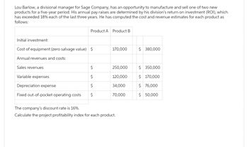 Lou Barlow, a divisional manager for Sage Company, has an opportunity to manufacture and sell one of two new
products for a five-year period. His annual pay raises are determined by his division's return on investment (ROI), which
has exceeded 18% each of the last three years. He has computed the cost and revenue estimates for each product as
follows:
Initial investment:
Cost of equipment (zero salvage value) $
Annual revenues and costs:
Sales revenues
Product A Product B
$
$
$
Fixed out-of-pocket operating costs $
Variable expenses
Depreciation expense
170,000
250,000
120,000
34,000
70,000
The company's discount rate is 16%.
Calculate the project profitability index for each product.
$ 380,000
$ 350,000
$ 170,000
$ 76,000
$ 50,000