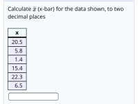 Calculate (x-bar) for the data shown, to two
decimal places
20.5
5.8
1.4
15.4
22.3
6.5
