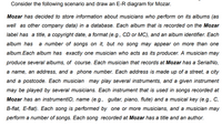 Consider the following scenario and draw an E-R diagram for Mozar.
Mozar has decided to store information about musicians who perform on its albums (as
well as other company data) in a database. Each album that is recorded on the Mozar
label has a title, a copyright date, a format (e.g., CD or MC), and an album identifier. Each
album has a number of songs on it, but no song may appear on more than one
album.Each album has exactly one musician who acts as its producer. A musician may
produce several albums, of course. Each musician that records at Mozar has a SerialNo,
a name, an address, and a phone number. Each address is made up of a street, a city
and a postcode. Each musician may play several instruments, and a given instrument
may be played by several musicians. Each instrument that is used in songs recorded at
Mozar has an instrumentID, name (e.g., guitar, piano, flute) and a musical key (e.g., C,
B-flat, E-flat). Each song is performed by one or more musicians, and a musician may
perform a number of songs. Each song recorded at Mozar has a title and an author.
