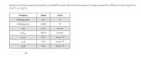 Based on the thermodynamic properties provided for water, determine the amount of energy released for 150.0 g of water to go from
51.0 °C to -22.0 °C.
Property
Value
Units
Melting point
0.0
°C
Boiling point
100.0
°C
ΔΗus
6.01
kJ/mol
AHvap
40.67
kJ/mol
G (s)
37.1
J/mol - °C
75.3
J/mol - °C
33.6
J/mol - °C
kJ
