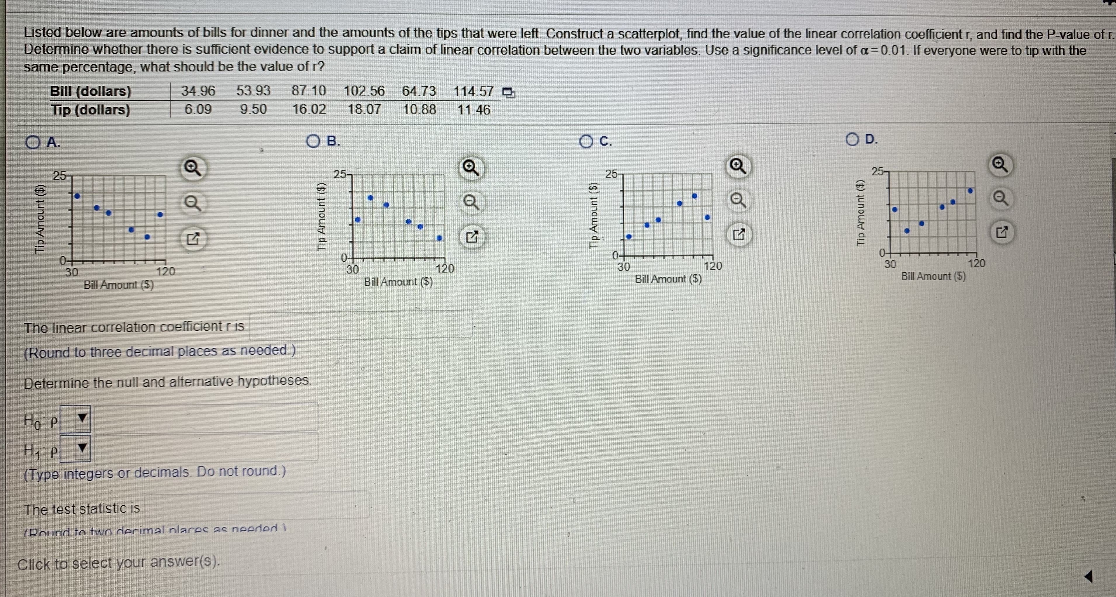 Listed below ate aimtMrls of bills tor dinner and the armNunts of the tips that were lett Conslhu:l a scallerplot, Ind the value of the lineal correlation coefficient r, and find the P-valuc ofr.
Determinc whcther thcre is sufficient evidence to support a claim of linear correlation between the two variables UJse a significance level of a =001. If everyone wcre to tip with the
samo porcontago, what should bc the value of r?
102.56 64.(3 114.57 O
Bill (dollars)
Tip (dollars)
34.96
53.93
87.10
6.09
9.50
16.02
18.07
10.88
11.46
O B.
Oc.
OD.
25
25
120
120
Bill Amount ($)
120
30
30
Bill Aimeunt (S)
30
120
Bil Amount ()
n ount (5)
The lincar correlalion coeficient r is
(Round ln throo docimal places as needet )
Dctermine tho null and allernative hyprilhesos.
H, p
yDH integerS or decimals Do not round)
The tesl stat stic is
en n two ducimal nlarec ac neadert1
Cick to select your answer(s).
Tlamocl ()
(31aneuy dL
