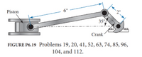 **Figure P6.19 Explanation**

**Description:**
The diagram illustrates a piston-crank mechanism with a connecting rod. The main components shown are:

- **Piston:** Positioned on the left side, housed within a cylindrical chamber.
- **Crank:** On the right side of the figure, connected to the piston via a connecting rod.

**Dimensions and Angles:**

- The connecting rod is labeled with a length of **6 inches**.
- The smaller segment of the crank measures **2 inches**.
- The angle formed between the crank and the horizontal axis is **35 degrees**.

This figure pertains to Problems 19, 20, 41, 52, 63, 74, 85, 96, 104, and 112, likely involving kinematic and dynamic analysis of the system shown.

**Educational Context:**
This type of mechanism is commonly studied in mechanical engineering to understand linkages, motion transfer, and the dynamics of connected rigid bodies.
