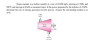 Steam expands in a turbine steadily at a rate of 40,000 kg/h, entering at 8 MPa and
500°C and leaving at 40 kPa as saturated vapor. If the power generated by the turbine is 8.2 MW,
determine the rate of entropy generation for this process. Assume the surrounding medium is at
25°C.
8 MPа
500°C
Steam
turbine
8,2 MW
40 kPa
sat. vapor
