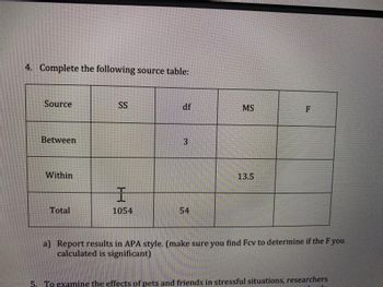 4. Complete the following source table:
Source
Between
Within
Total
SS
I
1054
df
3
54
MS
13.5
F
a) Report results in APA style. (make sure you find Fcv to determine if the F you
calculated is significant)
5. To examine the effects of pets and friends in stressful situations, researchers