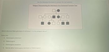 Use the following information to answer the next question.
Pedigree Demonstrating the Inheritance of an Autosomal Recessive Trait
GOO
What is the most likely genotype of individual 1-1 in the pedigree above?
Select one:
OA Homozygous dominant
OB. Heterozygous
OC Homozygous recessive
OD. Can be either homozygous dominant or heterozygous