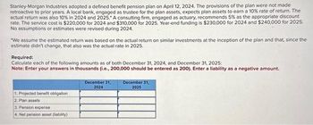 Stanley-Morgan Industries adopted a defined benefit pension plan on April 12, 2024. The provisions of the plan were not made
retroactive to prior years. A local bank, engaged as trustee for the plan assets, expects plan assets to earn a 10% rate of return. The
actual return was also 10% in 2024 and 2025. A consulting firm, engaged as actuary, recommends 5% as the appropriate discount
rate. The service cost is $220,000 for 2024 and $310,000 for 2025. Year-end funding is $230,000 for 2024 and $240,000 for 2025.
No assumptions or estimates were revised during 2024.
*We assume the estimated return was based on the actual return on similar investments at the inception of the plan and that, since the
estimate didn't change, that also was the actual rate in 2025.
Required:
Calculate each of the following amounts as of both December 31, 2024, and December 31, 2025:
Note: Enter your answers in thousands (i.e., 200,000 should be entered as 200). Enter a liability as a negative amount.
1. Projected benefit obligation
2. Plan assets
3. Pension expense
4. Net pension asset (liability)
December 31,
2024
December 31,
2025