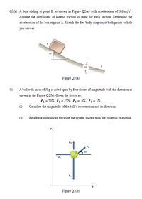 Q2(a) A box sliding at point B as shown in Figure Q2(a) with acceleration of 3.8 m/s².
Assume the coefficient of kinetic friction is same for each section. Detemine the
acceleration of the box at point A. Sketch the free body diagram at both points to help
you answer.
35
20
Figure Q2(a)
(b)
A ball with mass of 3kg is acted upon by four forces of magnitude with the direction as
shown in the Figure Q2(b). Given the forces as:
F1 = 50N, F2 = 25N, F3 = 8N, F4 = 5N,
(i)
Calculate the magnitude of the ball's acceleration and its direction.
(ii)
Relate the unbalanced forces in the system shown with the equation of motion.
40°
Figure Q2(b)
