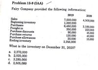 Problem 13-9 (IAA)
Fairy Company provided the following information:
2019
2020
Sales
Beginning inventory
Purchases
Freight in
Purchase discounts
Purchase returns
Purchase allowances
Ending inventory
7,500,000
1,260,000
6,450,000
350,000
90,000
120,000
20,000
2,355,000
4,500,000
3,180,000
220,000
45,000
40,000
15,000
What is the inventory on December 31, 2020?
a. 2,370,000
b. 2,025,000
c. 3,285,000
d. 2,505,000
