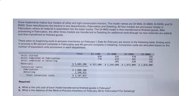 Drew Implements makes four models of utility and light construction tractors. The model names are DI-1400, DI-3800, DI-5000, and DI-
8000. Drew manufactures the tractors in two departments-Fabrication and Detailing. All four models are processed initially in
Fabrication, where all material is assembled into the basic tractor. The DI-1400 model is then transferred to finished goods. After
processing in Fabrication, the other three models are transferred to Detailing for additional work (though no new materials are added)
and then transferred to finished goods.
There were no beginning work-in-process inventories on February 1. Data for February are shown in the following table. Ending work
in process is 90 percent complete in Fabrication and 40 percent complete in Detailing. Conversion costs are allocated based on the
number of equivalent units processed in each department.
Units started
Units completed in Fabrication
Units completed in Detailing
Materials
Conversion costs:
Fabrication
Detailing
Total conversion costs
Total
$ 5,605,200
$ 1,808, 100
1,298,925
$ 3,107,025
DI-1400
820
770
DI-3800
470
445
420
$ 557,600 $1,244,600 $ 1,974,000
DI-5000
635
610
585
Required:
a. What is the unit cost of each model transferred to finished goods in February?
b. What is the balance of the Work-in-Process Inventory on February 28 for Fabrication? For Detailing?
DI-8000
295
245
220
$1,829,000