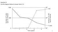 Question 4:
Use the diagram below to answer items 1-5.
1200
106
- HIV
600
105
-T cells
de---- -------
104
1
2
3
Time (years)
4
Number of HIV
(per ml of blood)
(per mL of blood)
Number of T cells
