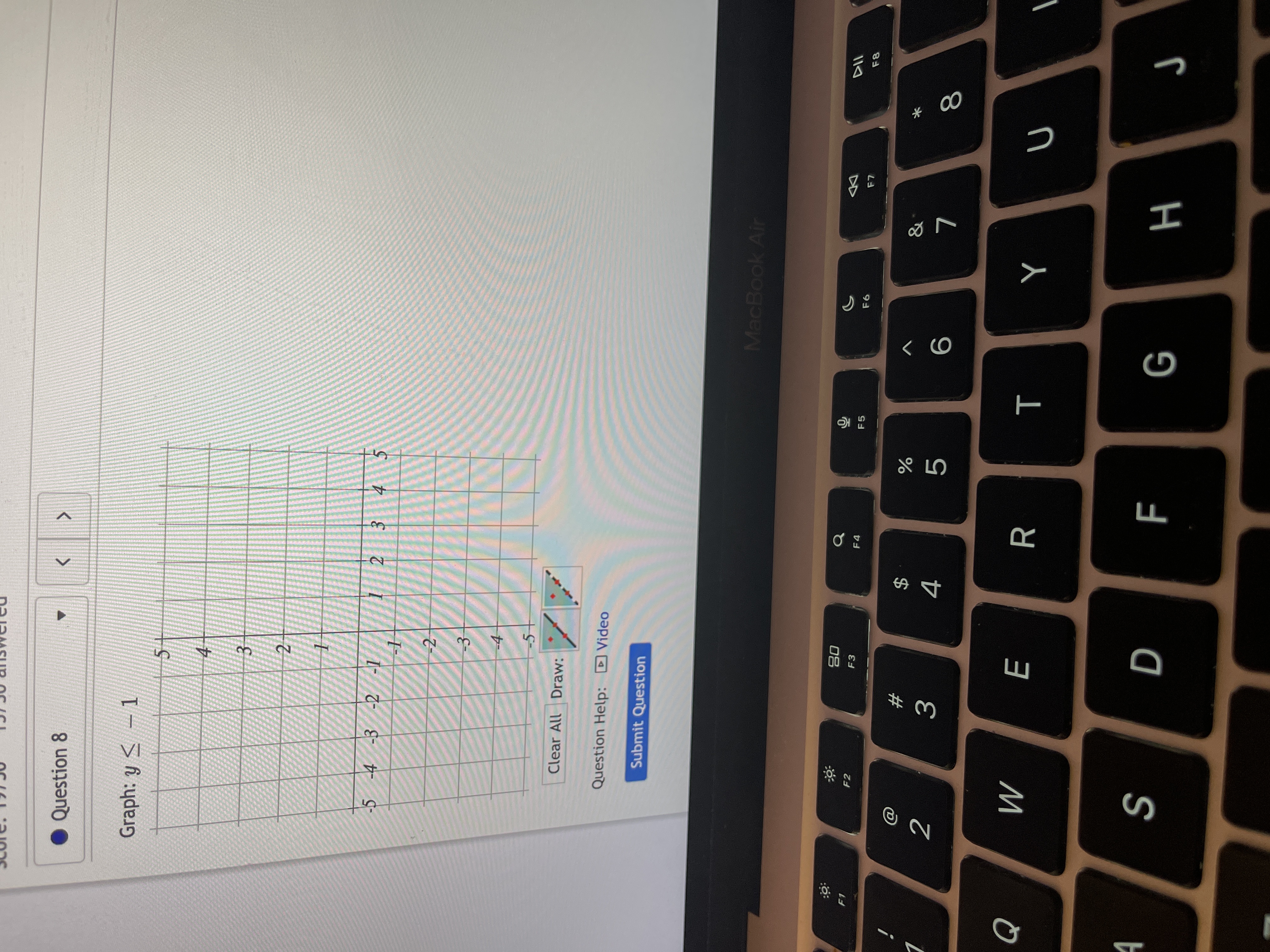 **Graph of the Inequality \( y \leq -1 \)**

The image shows a graphing interface for representing inequalities on a Cartesian plane. The specific inequality given is \( y \leq -1 \).

### Description of the Graph:

- **Axes**: The graph features standard x and y axes, each marked with hashmarks at integer intervals ranging from -5 to +5.
  
- **Grid**: A grid pattern aids in visualizing points and regions more easily.

- **Boundary Line**: The line \( y = -1 \) is represented as a horizontal line across the graph where y-value is -1. This line would typically appear as a dashed line to indicate that it is a boundary of the solution, relevant for an inequality rather than equality itself.

- **Shaded Region**: The shading typically appears below the line \( y = -1 \), covering all areas that satisfy \( y \leq -1 \). This includes points exactly on the line and any points with y-values less than -1.

### Interface Features:

- **Drawing Tools**: Below the graph, options to clear the graph or draw new lines are available, indicating interactive capabilities. Two buttons likely provide selection between pencil tools or types of lines but are not specifically detailed in the image.

- **Submit Question**: At the bottom of the interface, there is a "Submit Question" button, suggesting this graph is part of a question or problem-solving exercise.

This interface and graph are designed to help users visually understand and solve inequalities by plotting them on a coordinate grid, facilitating both analytical and visual learning.