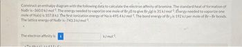 Construct an enthalpy diagram with the following data to calculate the electron affinity of bromine. The standard heat of formation of
NaBr is-360.0 kJ mol¹. The energy needed to vaporize one mole of Br() to give Br₂(g) is 31 kJ mol-¹. Energy needed to vaporize one
mole of Na(s) is 107.8 kJ. The first ionization energy of Na is 495.4 kJ mol¹. The bond energy of Brą is 192 kJ per mole of Br-Br bonds.
The lattice energy of NaBr is-743.3 kJ mol-¹.
The electron affinity is
-Taubboats
kJ mol¹¹.