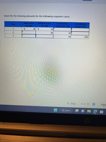 Solve for the missing amounts for the following separate cases.
Variable costs
per unit
Case
1
2
3
Sales price
per unit
$
30 $
24
30
Contribution
margin per unit
10
59
Contribution
margin ratio
< Prev
Q Search
20%
4 of 20 www
HH
Next