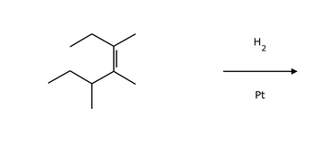 The image depicts a chemical reaction involving the hydrogenation of an alkene. The structure on the left is a cyclohexene with two methyl groups attached. The reaction involves the addition of hydrogen (H₂) to the double bond in the presence of a platinum (Pt) catalyst.

### Chemical Reaction:
- **Reactant:** Cyclohexene with two methyl substituents.
- **Reagents:** 
  - Hydrogen gas (H₂)
  - Platinum catalyst (Pt)
- **Process:** 
  - The double bond in the cyclohexene undergoes hydrogenation.
  - Hydrogen atoms add across the double bond, converting it into a single bond.
  
This process results in the saturation of the alkene, forming a cyclohexane derivative with the same methyl group substituents.