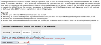 The Digital Electronic Quotation System (DEQS) Corporation pays no cash dividends currently and is not expected to for the next five
years. Its latest EPS was $18.00, all of which was reinvested in the company. The firm's expected ROE for the next five years is 16% per
year, and during this time it is expected to continue to reinvest all of its earnings. Starting in year 6, the firm's ROE on new investments
is expected to fall to 11%, and the company is expected to start paying out 30% of its earnings in cash dividends, which it will continue
to do forever after. DEQS's market capitalization rate is 24% per year.
Required:
a. What is your estimate of DEQS's intrinsic value per share?
b. Assuming its current market price is equal to its intrinsic value, what do you expect to happen to its price over the next year?
c. What do you expect to happen to price in the following year?
d. What is your estimate of DEQS's intrinsic value per share if you expected DEQS to pay out only 10% of earnings starting in year 6?
Complete this question by entering your answers in the tabs below.
Required A
Required B Required C Required D
What do you expect to happen to price in the following year?
Note: Do not round intermediate calculations. Round your dollar value to 2 decimal places.
Price in two years
$
40.51 X