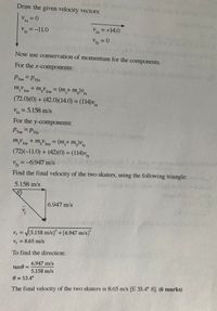 Draw the given velocity vectors:
V = 0
%D
1х
V.
ly =-11.0
2x +14.0
Vzy = 0
Now use conservation of momentum for the components.
For the x-components:
PTox PT
m,V 1ox + m,v20x = (m,+ m,)v
(72.0)(0) + (42.0)(14.0) = (114)v
%3D
v. = 5.158 m/s
%3D
fx
For the y-components:
PToy Prfy
m,v
+ m,y20 = (m,+ m,)V
%3D
2 2oy
loy
(72)(-11.0) + (42)(0) = (114)v,
%3D
fy
V = -6.947 m/s
Find the final velocity of the two skaters, using the following triangle: 1
5.158 m/s
(0302=(010
காயறிபல
6.947 m/s
V.
f
v; = V(5.158 m/s) +(6.947 m/s)
%3D
Vf = 8.65 m/s
To find the direction:
6.947 m/s
tane =
5.158 m/s
0 = 53.4°
%D
The final velocity of the two skaters is 8.65 m/s [E 53.4° S]. (6 marks)
