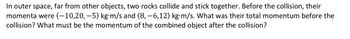 In outer space, far from other objects, two rocks collide and stick together. Before the collision, their
momenta were (-10,20,-5) kg⋅m/s and (8,-6,12) kg⋅m/s. What was their total momentum before the
collision? What must be the momentum of the combined object after the collision?